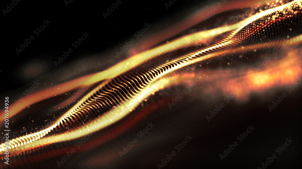 Poster futuristic gold digital abstract luxurious sparkling wave particles flow de-focus background