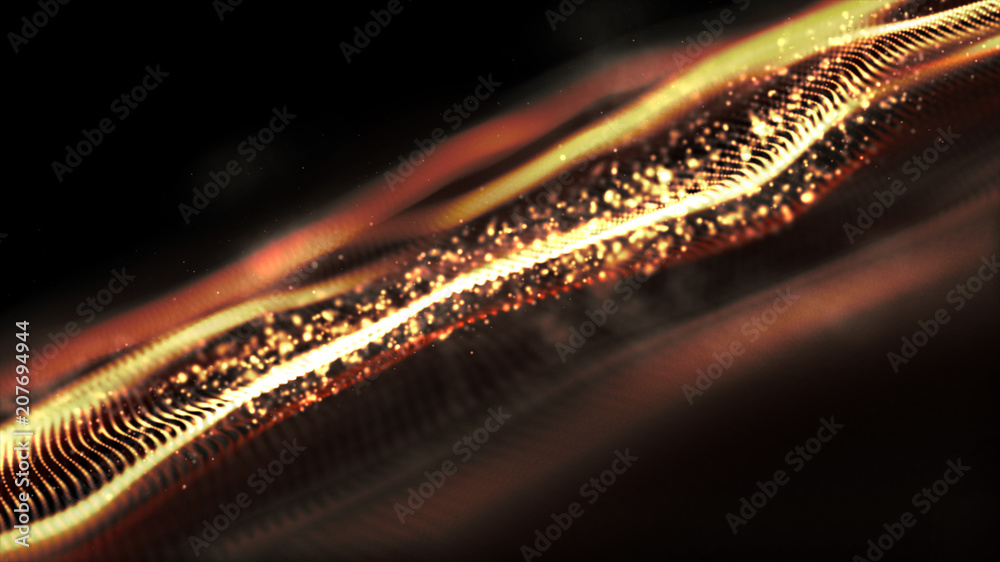 Poster futuristic gold digital abstract luxurious sparkling wave particles flow de-focus background