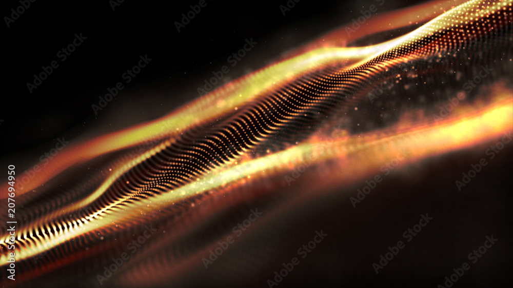 Poster futuristic gold digital abstract luxurious sparkling wave particles flow de-focus background