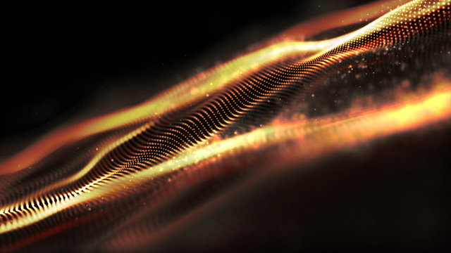 Futuristic Gold Digital Abstract Luxurious Sparkling Wave Particles Flow De-focus Background