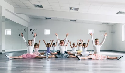 Poster Choreographierter Tanz von einer Gruppe schöner junger Ballerinas, die während des Unterrichts an einer klassischen Ballettschule üben. © hedgehog94