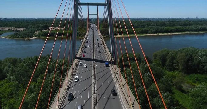 Aerial View Of Traffic Running On Siekierkowski Bridge