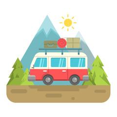 Retro Van Illustration with mountain background