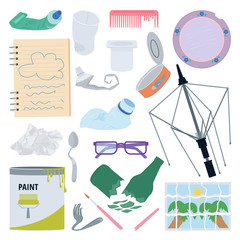 Used, broken or damaged objects. Different types of waste.