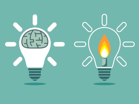 Vector logo icon, emblem with brain, candle and light bulb. Abstract flat illustration. Design concept for start up, business solutions, high technology, development and innovation, creativity.