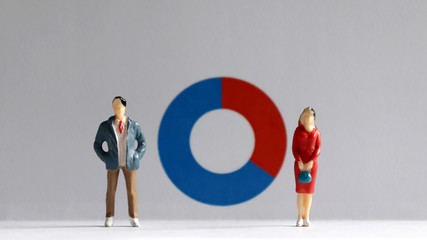 A miniature man and a miniature woman standing in front of a donut chart. The concept of the...