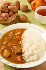 Chicken curry  with rice on a plate    