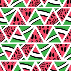 Tapeten Wassermelone Handgezeichnete Wassermelone schneidet nahtloses Muster