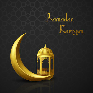 Ramadan Kareem greeting background with crescent moon and arabic lantern