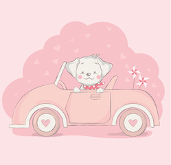 cute baby dog with car cartoon  for t-shirt, print, product, flyer ,patch, fabric, textile,tile,card, greeting  fashion,baby, kid, shower, powder,soap, hand drawn style. vector illustration