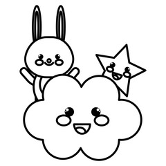 cute rabbit with cloud and star kawaii characters vector illustration design