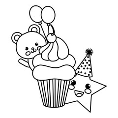 cute bear teddy with cupcake and star kawaii characters vector illustration