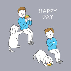 Cartoon cute man and hungry dog vector.