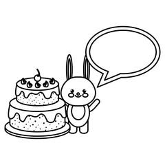 rabbit with speech bubble and cake kawaii vector illustration design