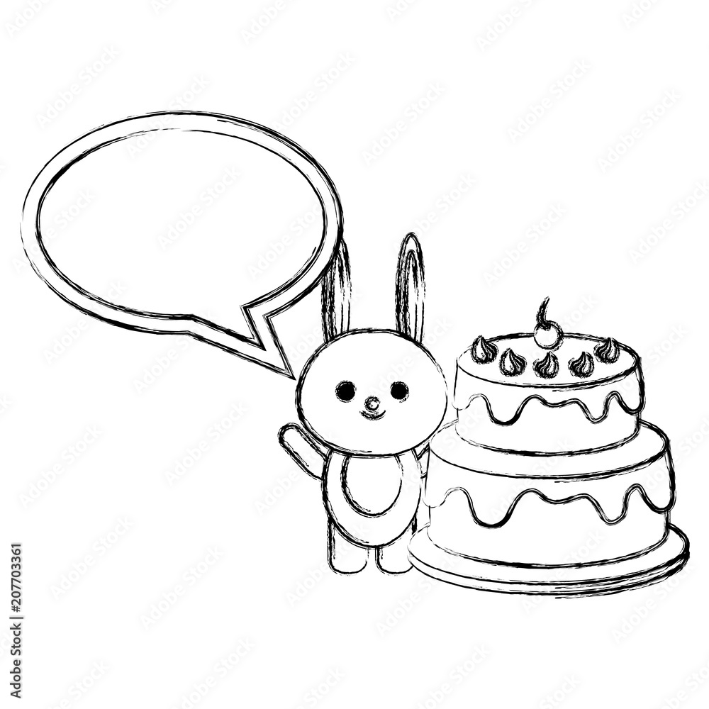 Poster rabbit with speech bubble and cake kawaii vector illustration design