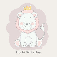 cute baby lion for t-shirt, print, product, flyer ,patch, fabric, textile,tile,card, greeting  fashion,baby, kid, shower, powder,soap, hand drawn style. vector illustration