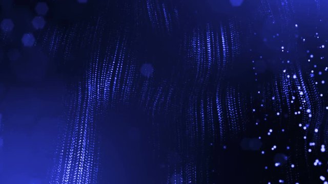 4k 3d render of glow particles as abstract seamless dynamic background with depth of field and bokeh. Science fiction or microcosm, space or digital abstract space. 3d loop animation. Blue strings 5