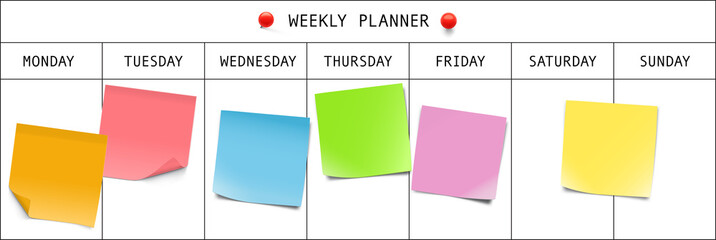 Weekly planner with memory notes. Vector illustration. Can be use for template your design, presentation, promo, ad. EPS10.