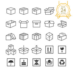 Set of box or packaging icons and caution signs on white background, Vector illustration.