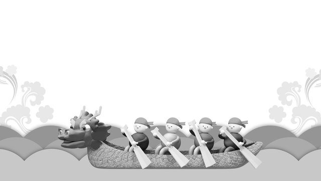 Black and white cartoon Chinese Dragon Boat Festival with cute characters. 3d rendering picture.