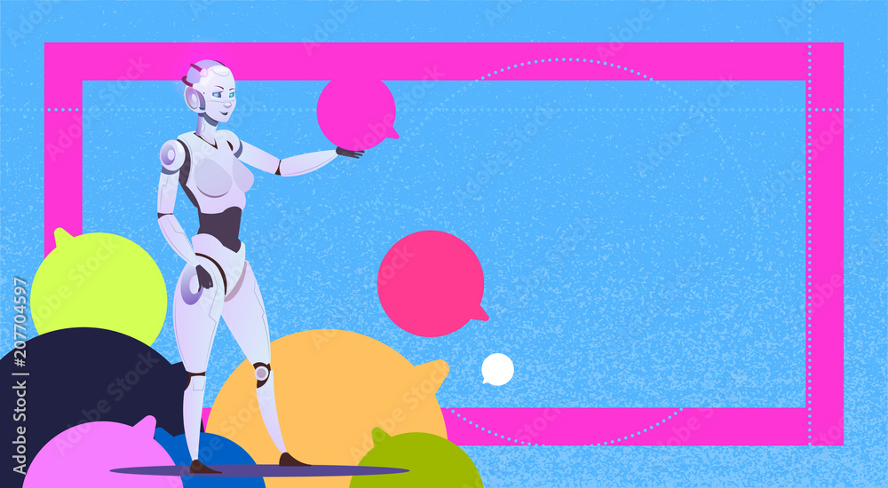 Poster chat bot using bubbles, robot virtual assistance of website or mobile applications, artificial intel