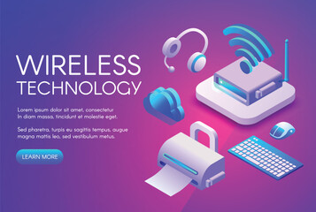 Wireless technology vector illustration of digital devices on Wi-Fi, Bluetooth or NFC connection. Cloud communication in computer keyboard and mouse, smartphone or earphones on ultra violet background - obrazy, fototapety, plakaty