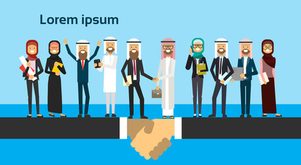 arabic businessman shaking hands in business and traditional clothes, full length business agreement and partnership concept vector illustration