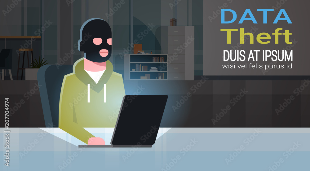 Poster man black mask sitting at computer hacker activity concept viruses data privacy attack internet info