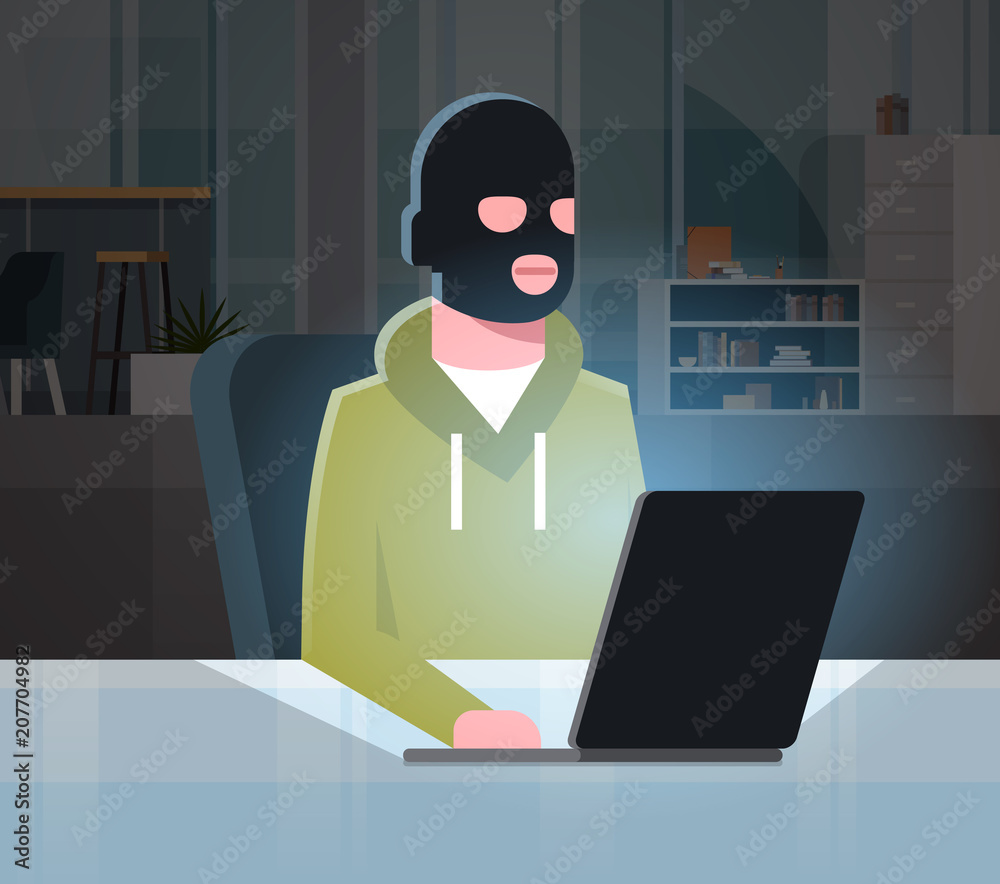 Poster man black mask sitting at computer hacker activity concept viruses data privacy attack internet info