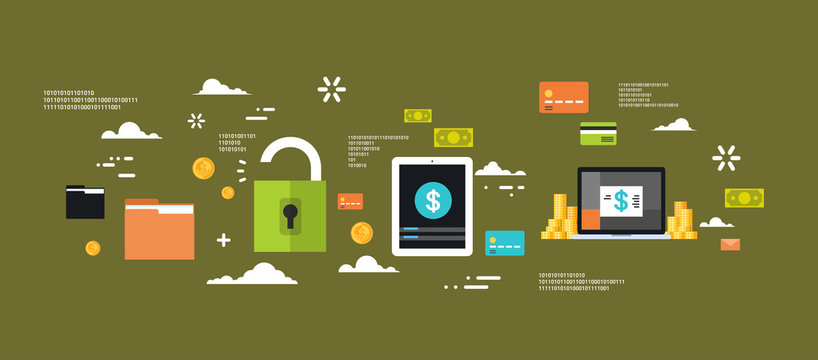 Safe Electronic Money Protection Concept Privacy Computer Internet Information Security Flat Banner Logo Green Background Vector Illustration