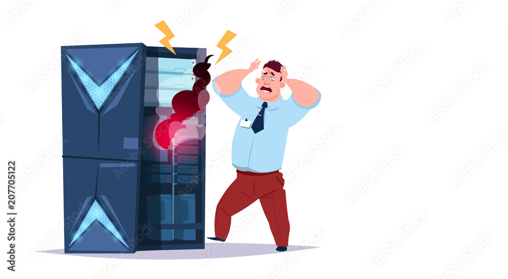 Poster data storage problem center with hosting servers and staff. error computer technology, network and d
