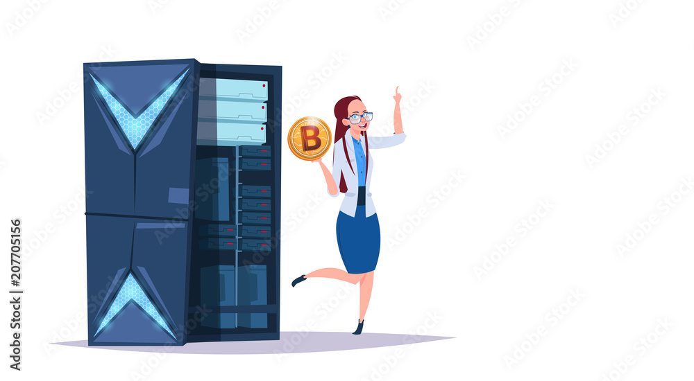 Poster data storage bitcoin center with hosting servers and staff. computer mining communication support, c