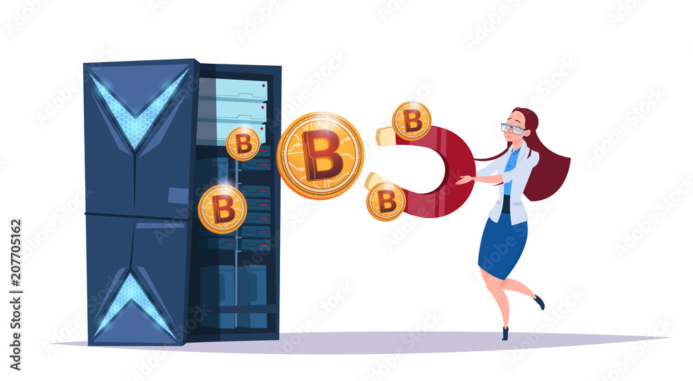 Poster data storage bitcoin center with hosting servers and staff. computer mining communication support, c