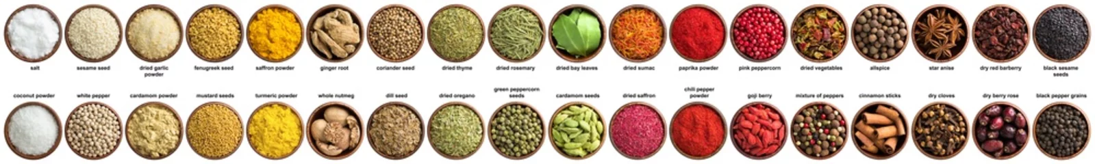Photo sur Plexiglas Aromatique grand ensemble d& 39 épices et d& 39 herbes indiennes isolés sur fond blanc. Assaisonnement coloré pour épicer les aliments