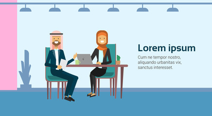 arab businesspeople talking working interview communication sitting at office desk banner with copy space flat vector illustration