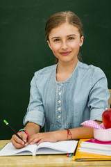 Beatiful smiling pupil in classroom at the elementary school, back to school.