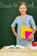 Beatiful smiling pupil in classroom at the elementary school, back to school.
