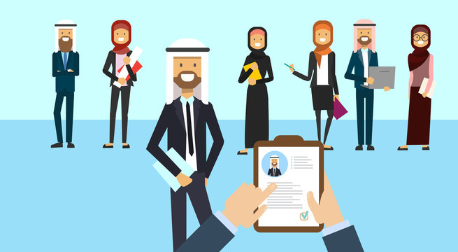 arab curriculum vitae recruitment candidate job position, hands hold CV profile choose from arabic group of business people to hire businessman interview vector illustration