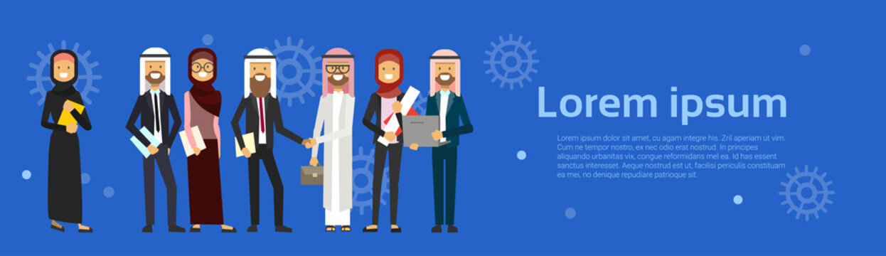 arabic people group wearing traditional clothes full length arab business man handshake, muslim male female banner copy space flat vector illustration