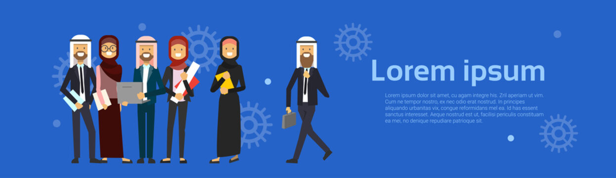 arabic people group wearing traditional clothes full length arab business man woman, muslim male female banner copy space flat vector illustration