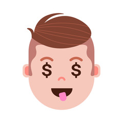 boy head emoji personage icon with facial emotions, avatar character, man dollar face with different male emotions concept. flat design. vector illustration