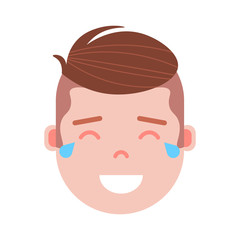 boy head emoji personage icon with facial emotions, avatar character, man happy crying face with different male emotions concept. flat design. vector illustration