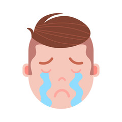 boy head emoji personage icon with facial emotions, avatar character, man crying face with different male emotions concept. flat design. vector illustration
