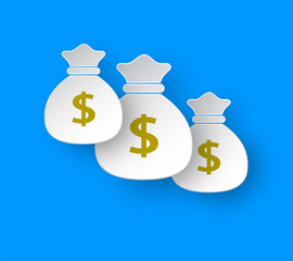 Money bag  icon design in paper style. Dollar USD currency symbol. Illustration isolated on blue background.
