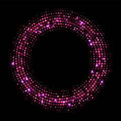 Sparkling violet ring isolated on black background. Vector luxury frame.