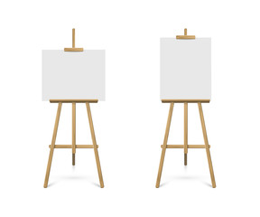 Easels with horizontal and vertical paper sheets. Vector realistic design elements.