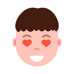 boy head emoji personage icon with facial emotions, avatar character, man heart in eyes face with different male emotions concept. flat design. vector illustration