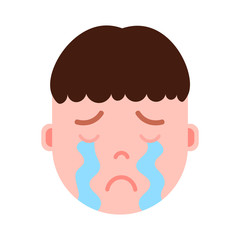 boy head emoji personage icon with facial emotions, avatar character, man crying face with different male emotions concept. flat design. vector illustration