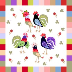 Handkerchief, napkin  or print for pillowcase with funny birds, leaves of clover and red tulips isolated on white background in vector. Geometric border.