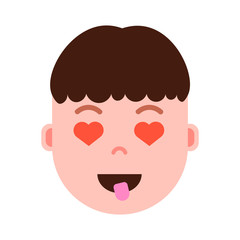 boy head emoji personage icon with facial emotions, avatar character, man heart in eyes face with different male emotions concept. flat design. vector illustration
